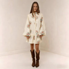 Digital-print Lantern Sleeve Linen Midi Dress