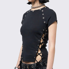 Post-apocalyptic-style Hollow-out Slim-fit Crewneck Short-sleeve Top That Flatters