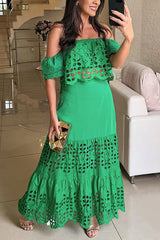 Womens Fashionable Elegant Lace Hollow-Out Off-Shoulder Dress