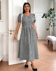 Plaid Crew-Neck Full-Swing Plus-Size Dress