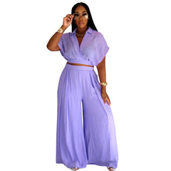 Solid-color Lapel Fashionable Loose-fitting Womens Set