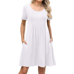 Solid-color Crewneck Ribbed Loose-fit Short-sleeve Pocket Dress