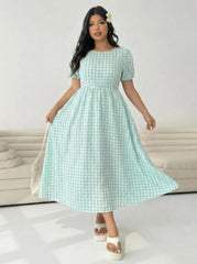 Plaid Crew-Neck Full-Swing Plus-Size Dress