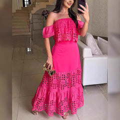 Womens Fashionable Elegant Lace Hollow-Out Off-Shoulder Dress