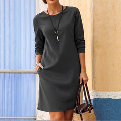 New Solid-Color Crew-Neck Long-Sleeve Loose Casual Pocket Dress