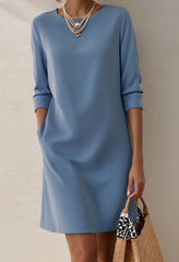 New Solid-Color Crew-Neck Long-Sleeve Loose Casual Pocket Dress