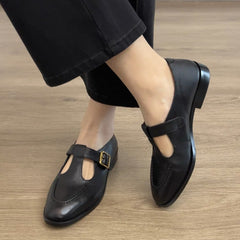 Spring British-style Retro T-Strap Chunky Heel Round-toe Commuter Pumps