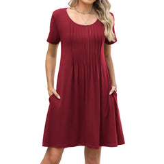 Solid-color Crewneck Ribbed Loose-fit Short-sleeve Pocket Dress