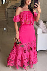 Womens Fashionable Elegant Lace Hollow-Out Off-Shoulder Dress