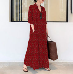 Plus Size Linen Blend Printed Collared Shirt Dress, Long Sleeve Loose Maxi Dress With Pockets
