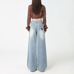Fashionable Embroidered Wide-Leg Denim Jeans For Women