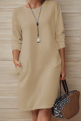 New Solid-Color Crew-Neck Long-Sleeve Loose Casual Pocket Dress
