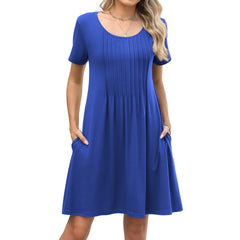 Solid-color Crewneck Ribbed Loose-fit Short-sleeve Pocket Dress