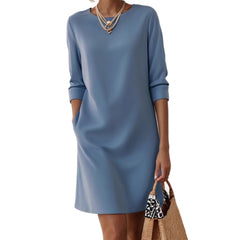 New Solid-Color Crew-Neck Long-Sleeve Loose Casual Pocket Dress