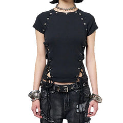 Post-apocalyptic-style Hollow-out Slim-fit Crewneck Short-sleeve Top That Flatters
