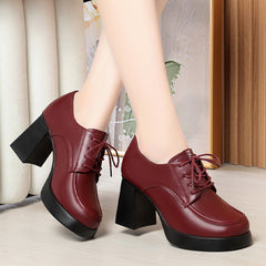 New Spring Autumn Lace-Up Deep-V Shallow-Shoe Soft Leather Chunky Heel Platform Elegant High Heels For Women