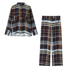 Womens Fashionable Casual Plaid Pocket Shirt And Plaid Pants Set