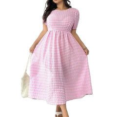 Plaid Crew-Neck Full-Swing Plus-Size Dress
