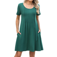 Solid-color Crewneck Ribbed Loose-fit Short-sleeve Pocket Dress