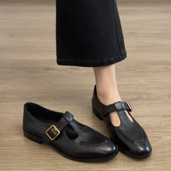 Spring British-style Retro T-Strap Chunky Heel Round-toe Commuter Pumps