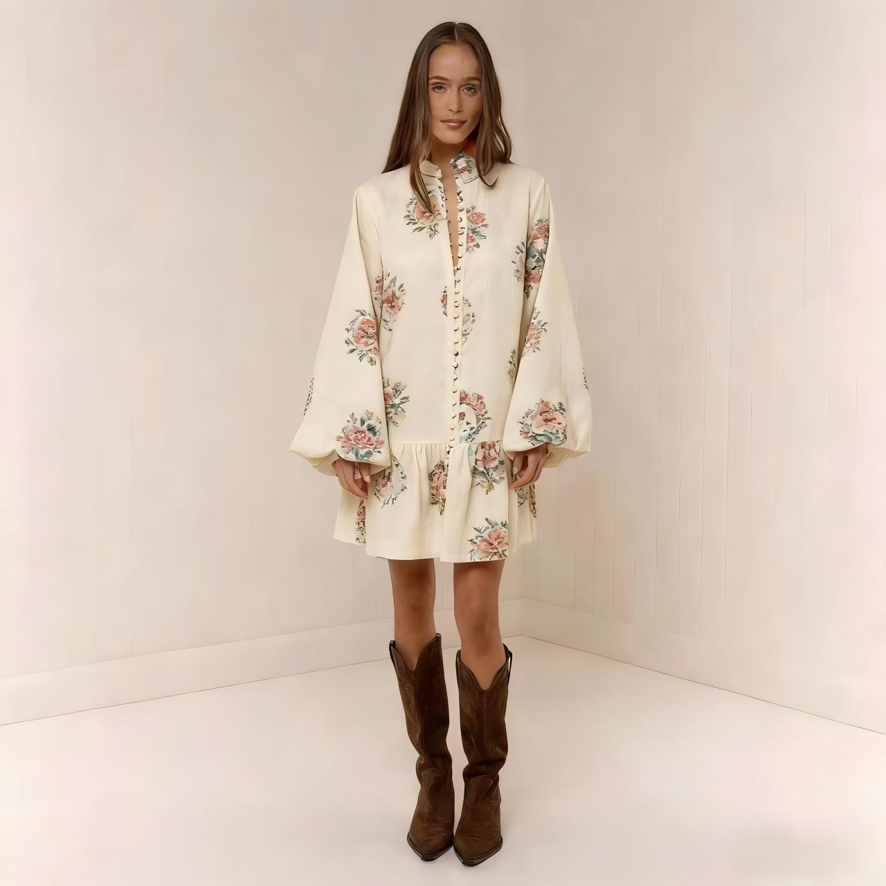 Digital-print Lantern Sleeve Linen Midi Dress