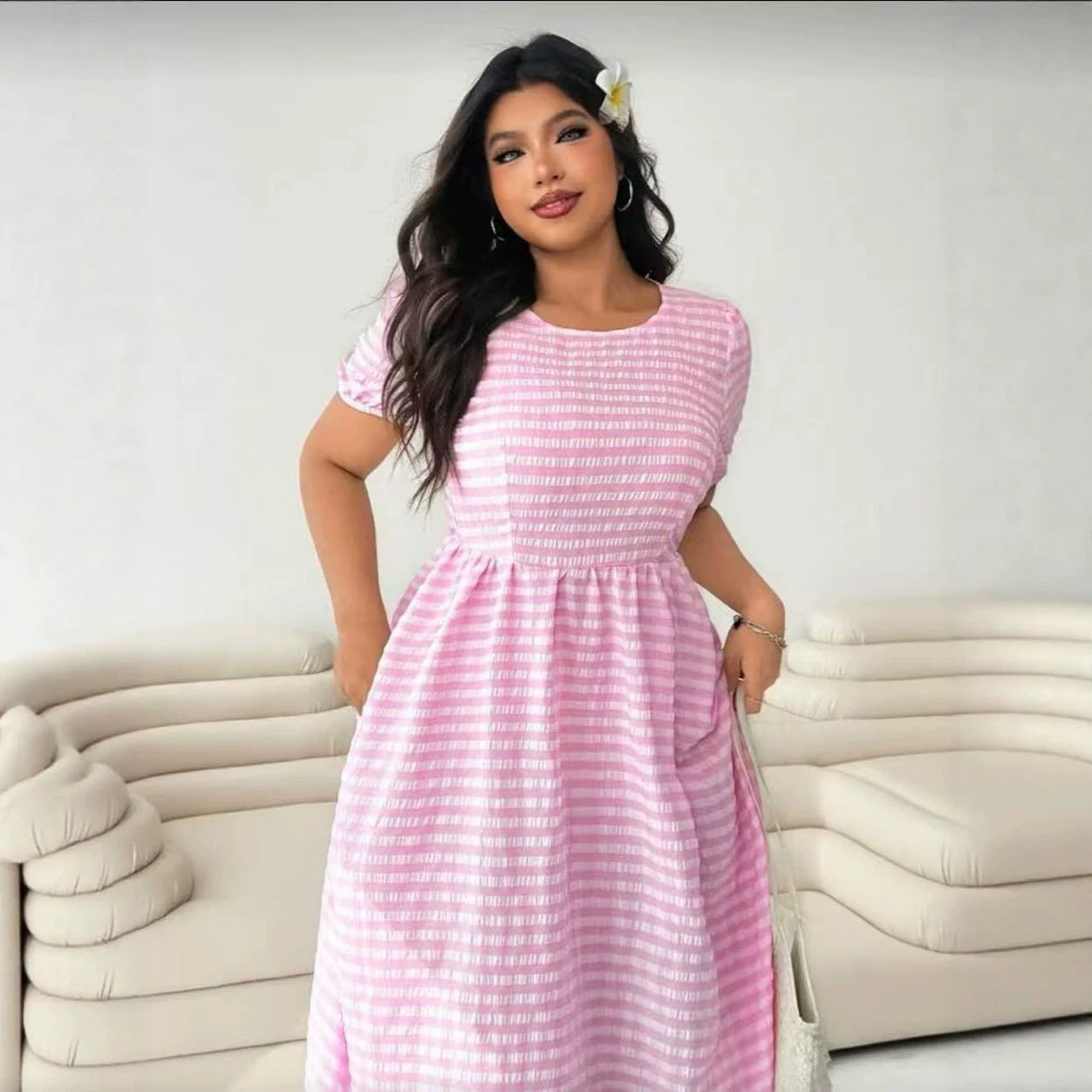 Plaid Crew-Neck Full-Swing Plus-Size Dress