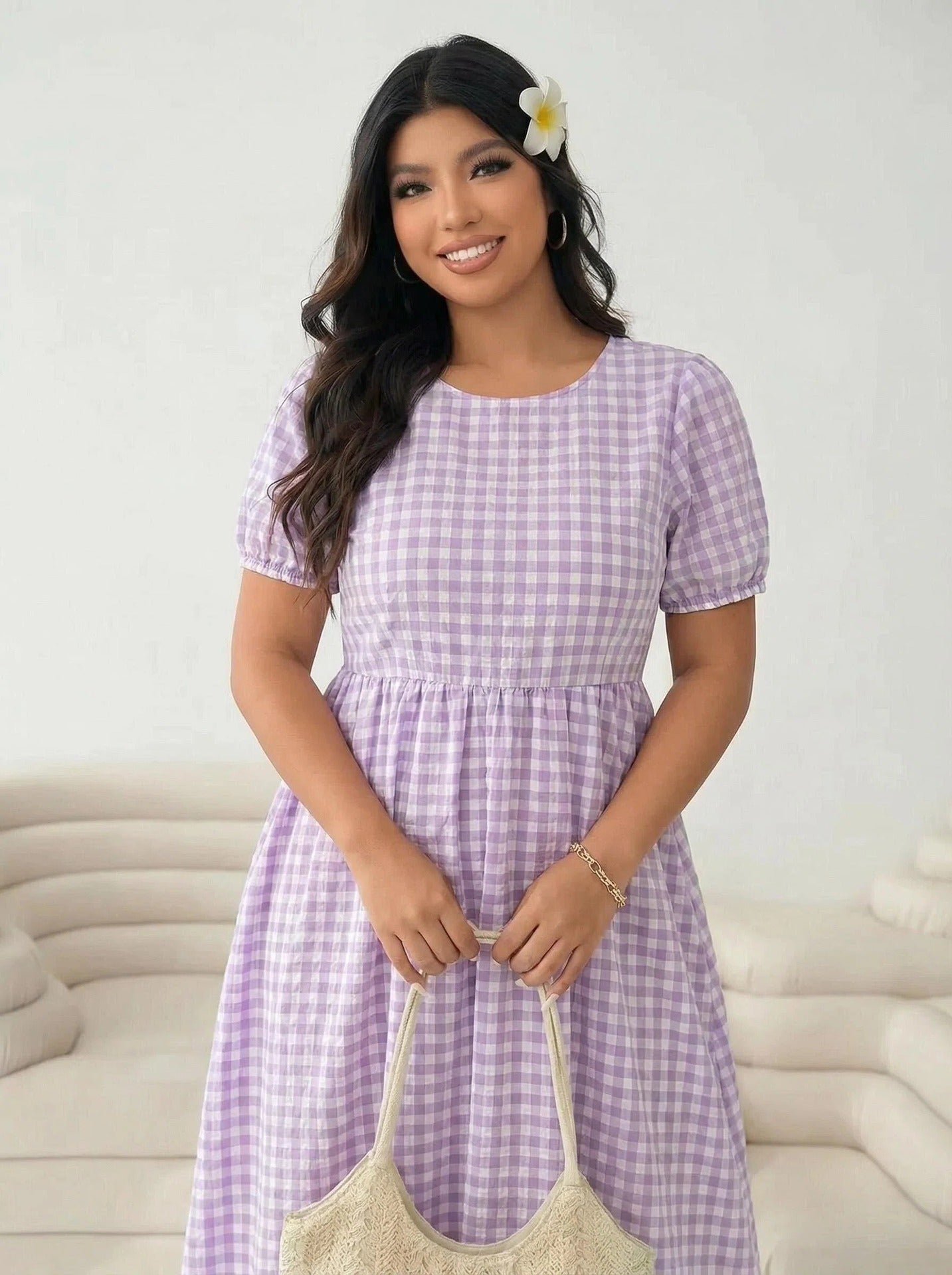 Plaid Crew-Neck Full-Swing Plus-Size Dress