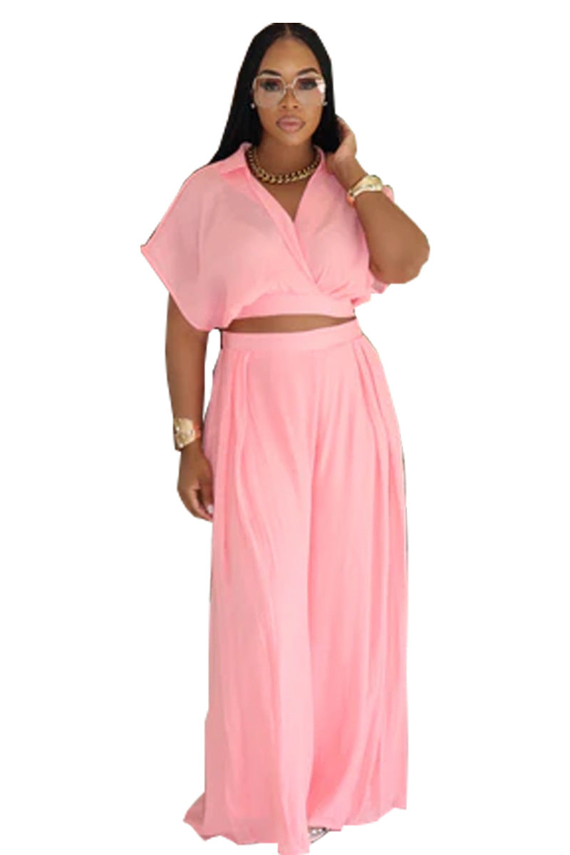 Solid-color Lapel Fashionable Loose-fitting Womens Set