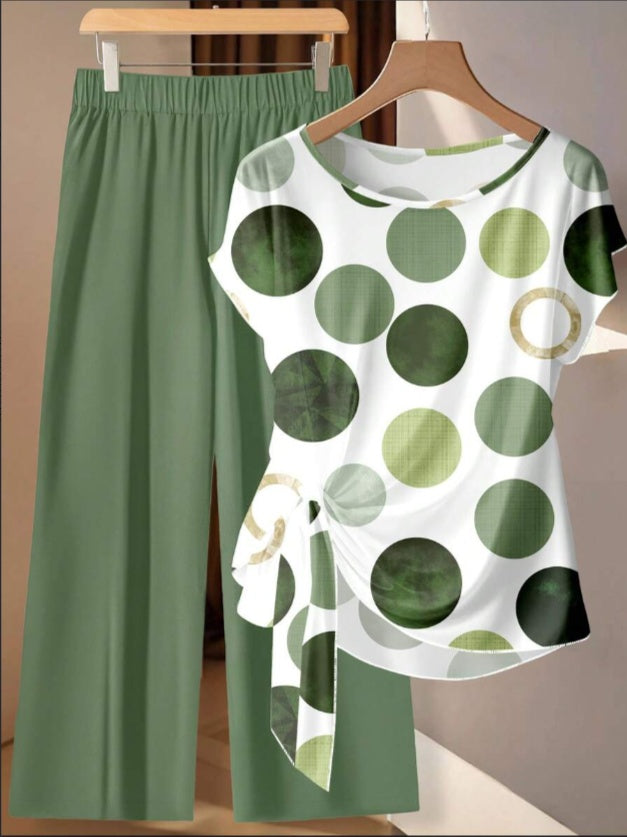 Polka Dot Print Short-Sleeve Top And Olive Green Wide-Leg Pants Set