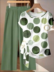 Polka Dot Print Short-Sleeve Top And Olive Green Wide-Leg Pants Set