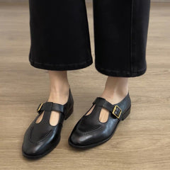 Spring British-style Retro T-Strap Chunky Heel Round-toe Commuter Pumps
