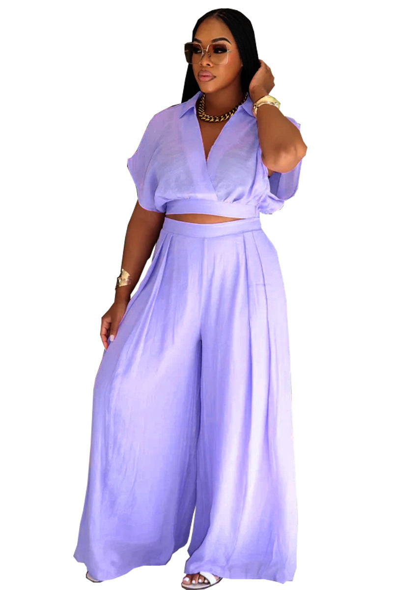 Solid-color Lapel Fashionable Loose-fitting Womens Set
