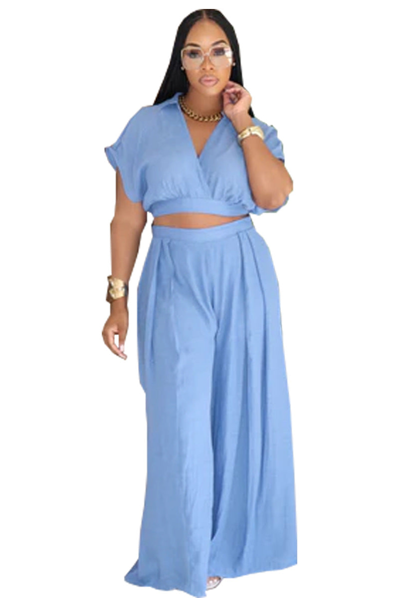 Solid-color Lapel Fashionable Loose-fitting Womens Set