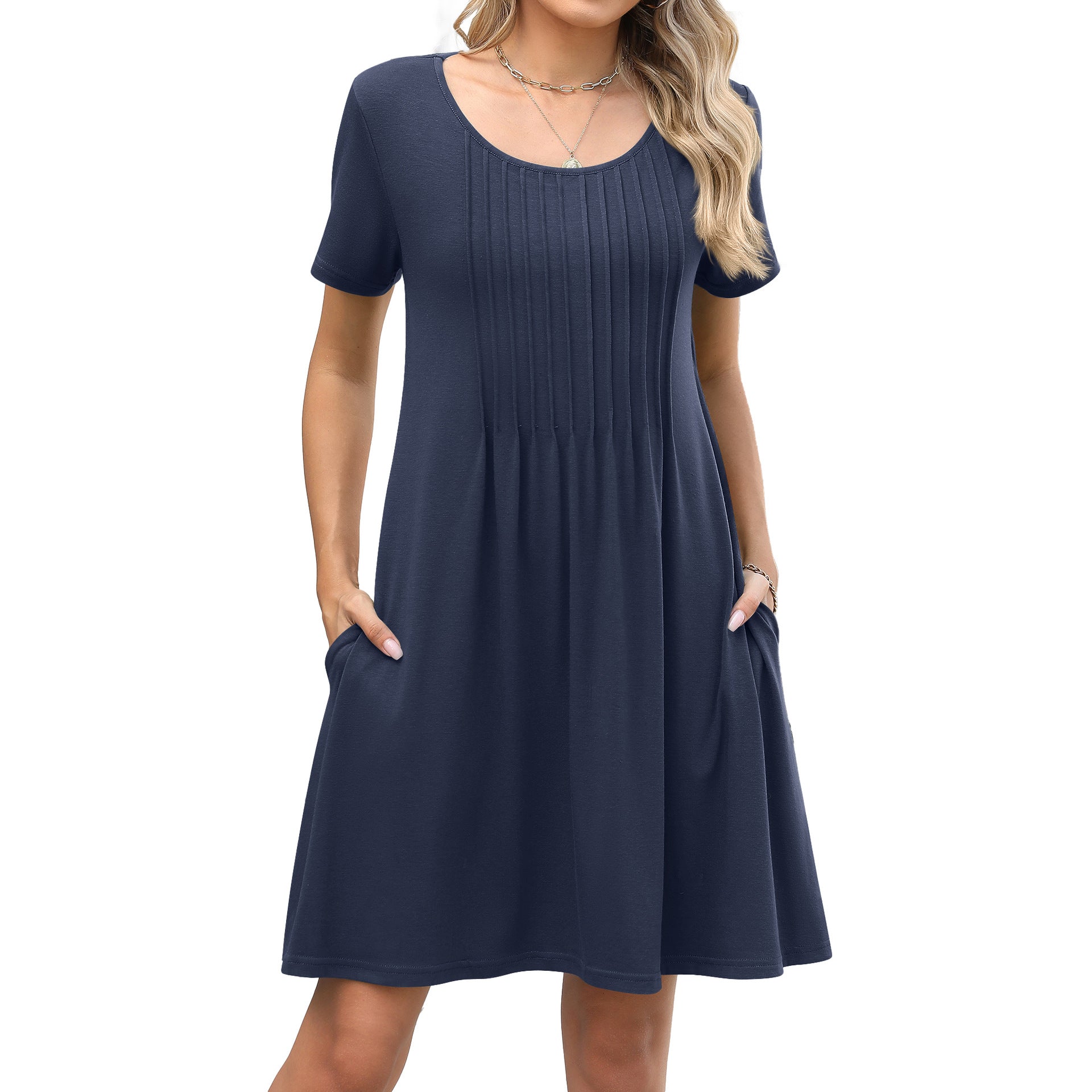 Solid-color Crewneck Ribbed Loose-fit Short-sleeve Pocket Dress