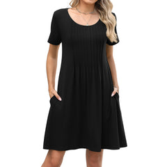 Solid-color Crewneck Ribbed Loose-fit Short-sleeve Pocket Dress