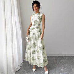 Womens Elegant Round-Neck Sleeveless Printed Waist-Cinching Dress