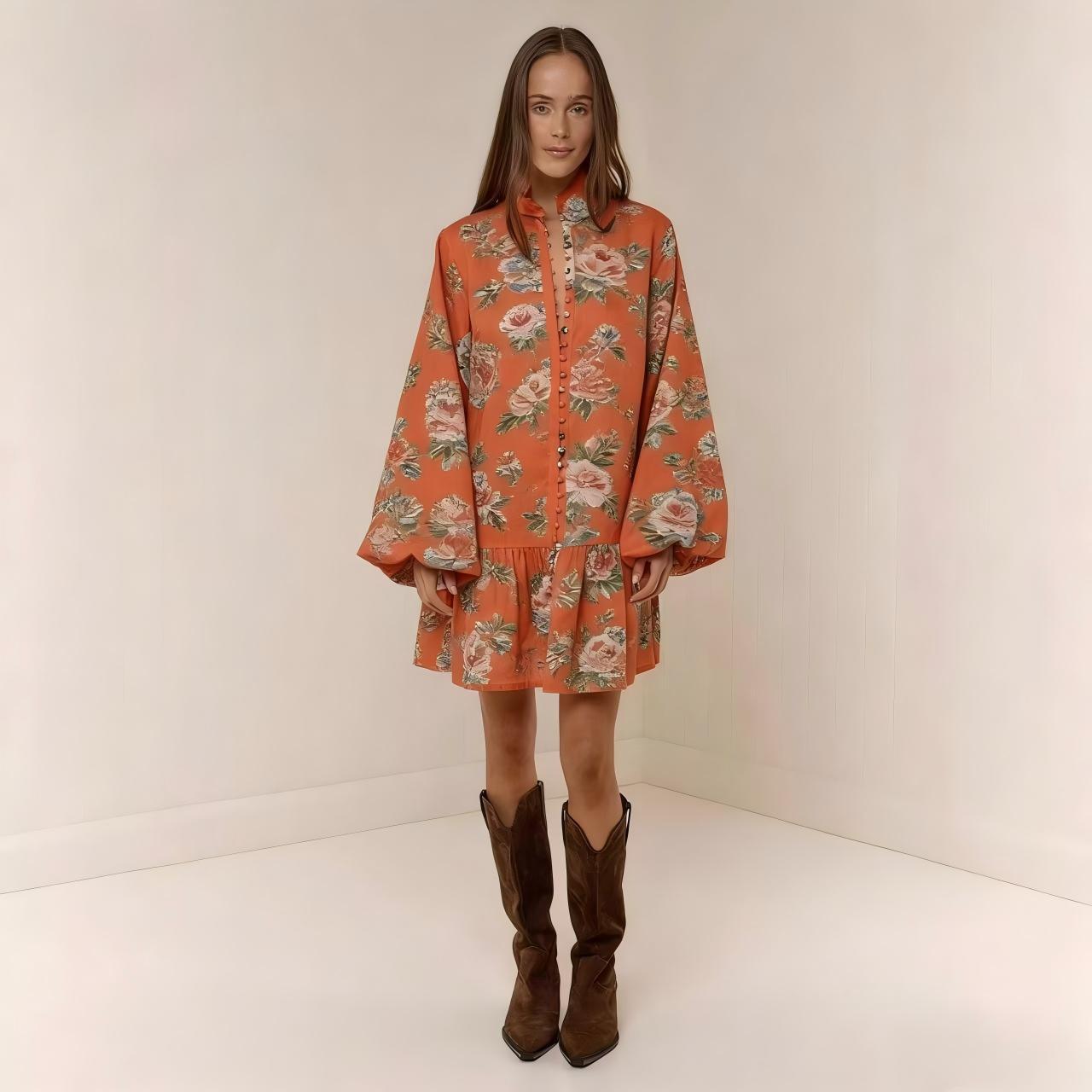 Digital-print Lantern Sleeve Linen Midi Dress