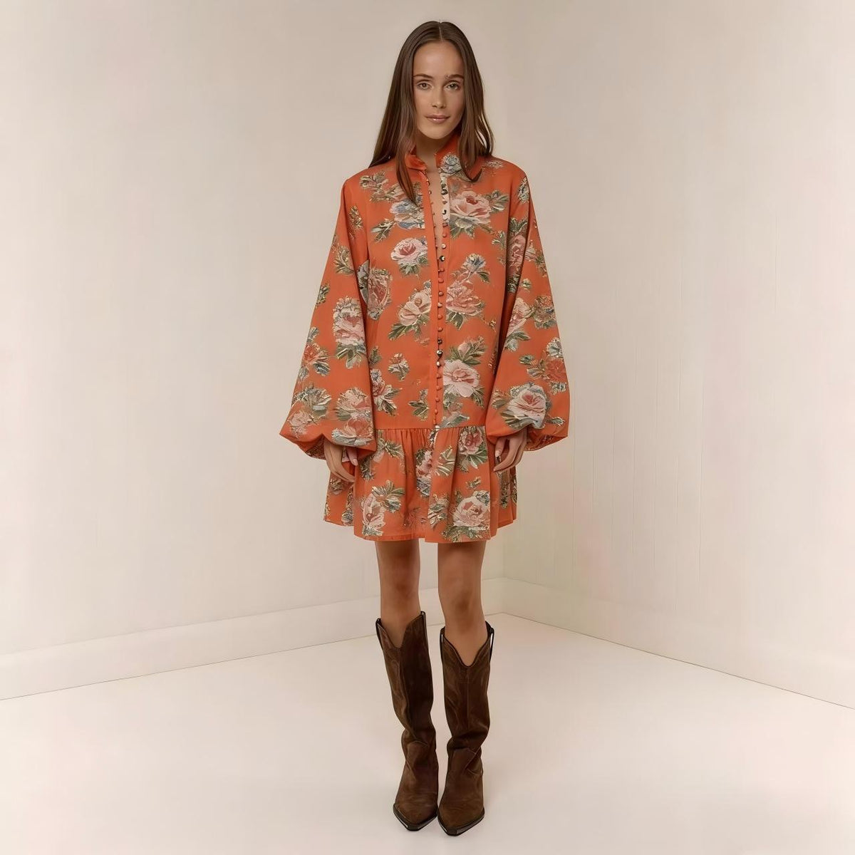 Digital-print Lantern Sleeve Linen Midi Dress