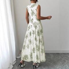 Womens Elegant Round-Neck Sleeveless Printed Waist-Cinching Dress