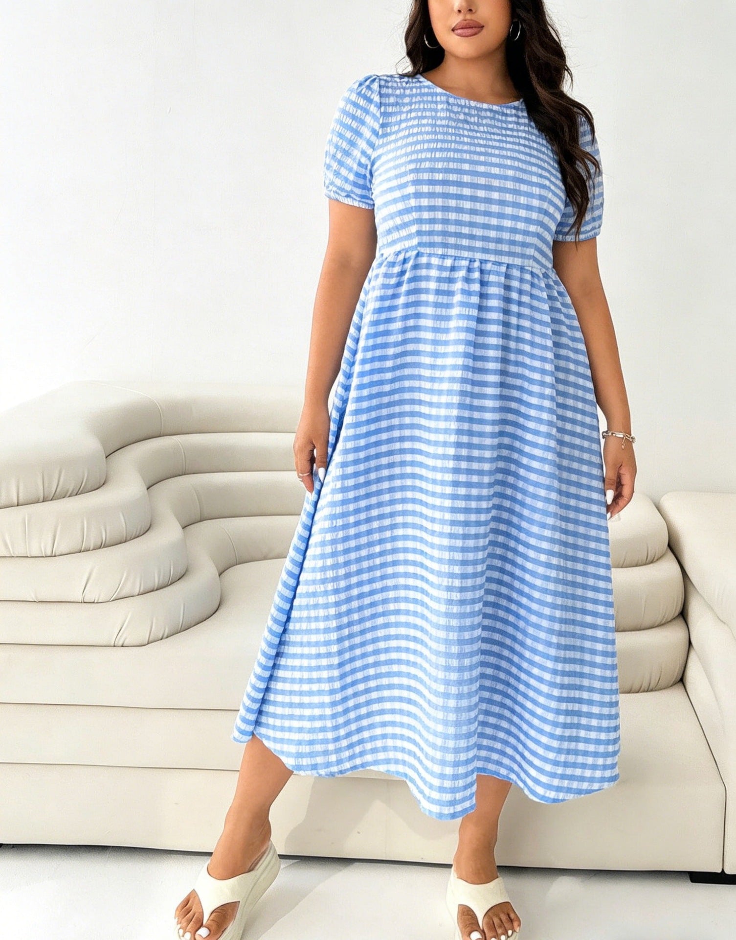 Plaid Crew-Neck Full-Swing Plus-Size Dress