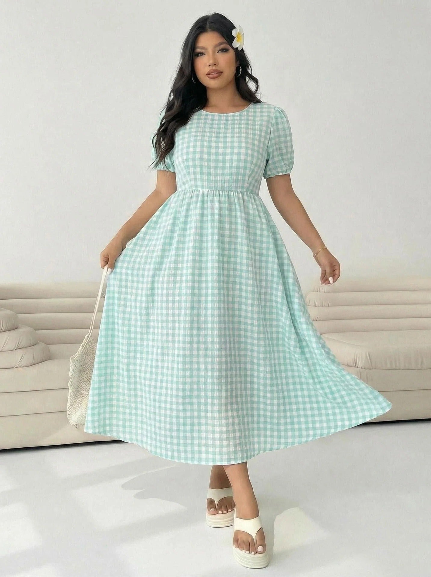 Plaid Crew-Neck Full-Swing Plus-Size Dress