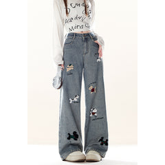Natural Rustic-style Embroidered Denim Jeans With A Puppy Design For Women
