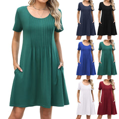 Solid-color Crewneck Ribbed Loose-fit Short-sleeve Pocket Dress