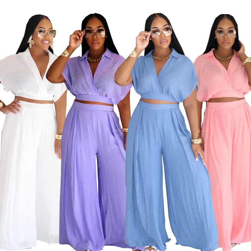 Solid-color Lapel Fashionable Loose-fitting Womens Set