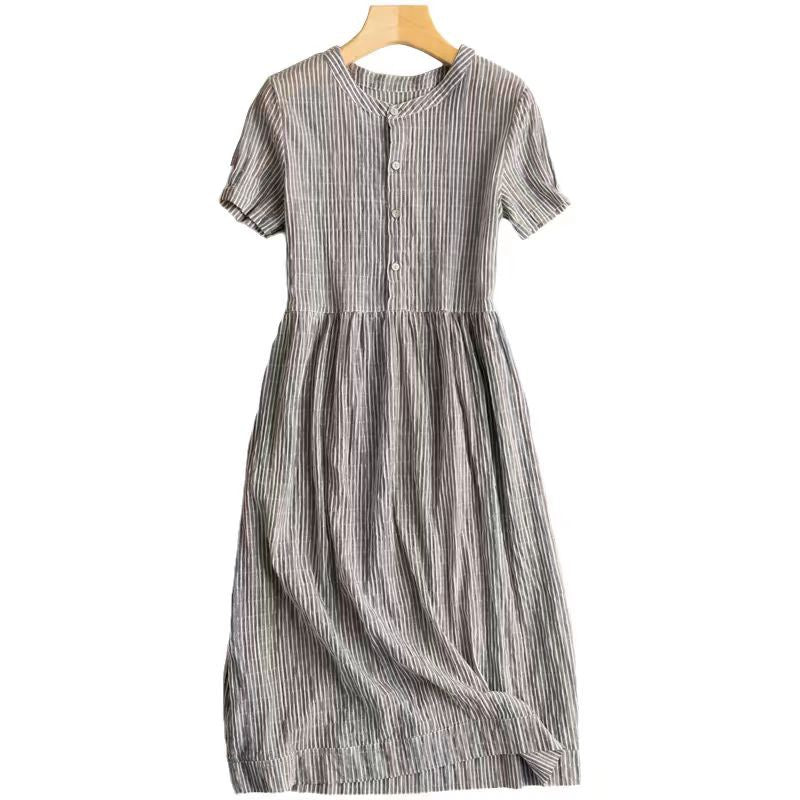 2026 Retro Striped Cotton Linen Dress, Women's Summer Short Sleeve Shirt Maxi Dress