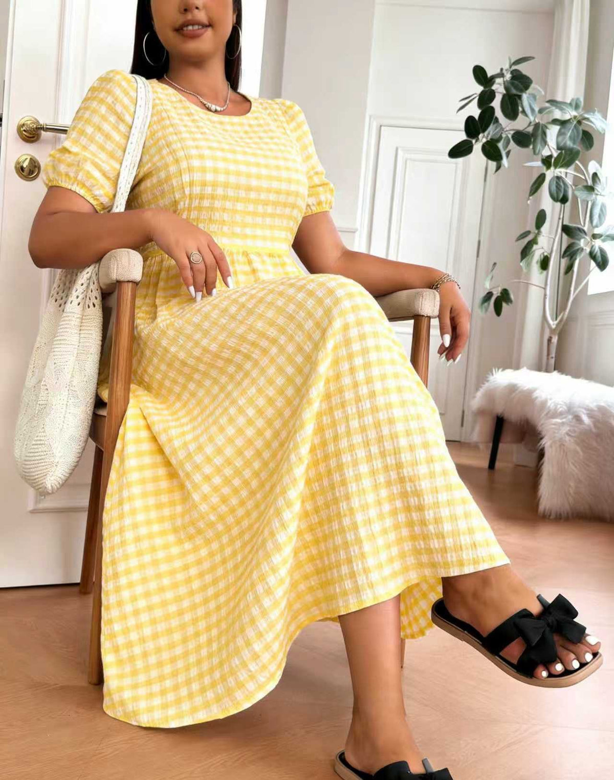 Plaid Crew-Neck Full-Swing Plus-Size Dress