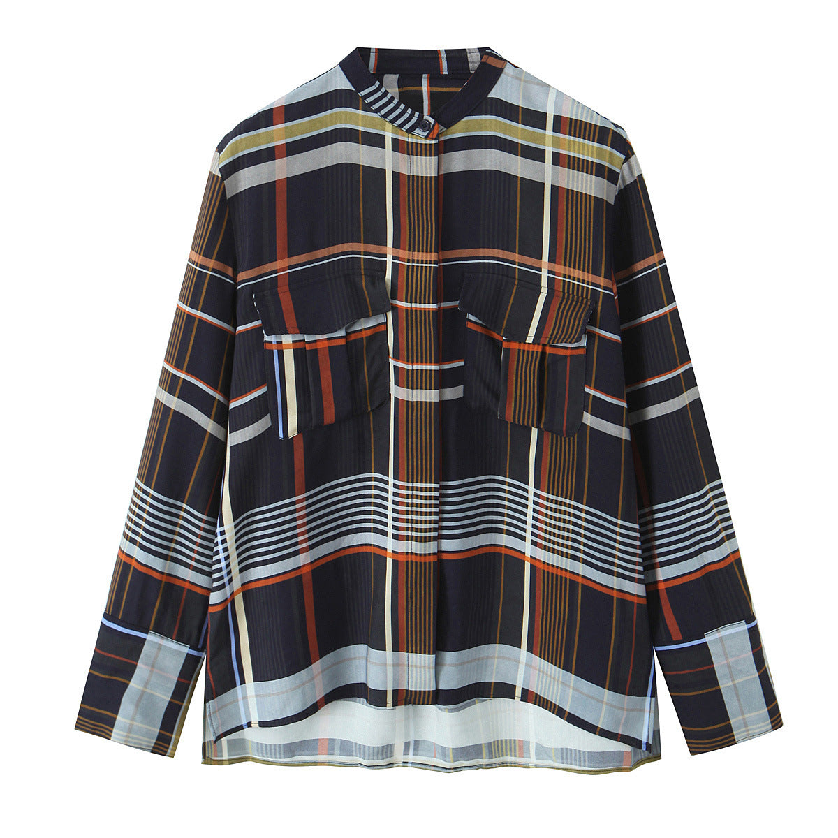 Womens Fashionable Casual Plaid Pocket Shirt And Plaid Pants Set
