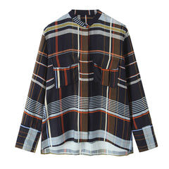 Womens Fashionable Casual Plaid Pocket Shirt And Plaid Pants Set