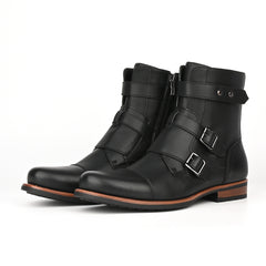 Mens Minimalist Vintage Metal-buckle Side-zip Low-heeled Denim Boots