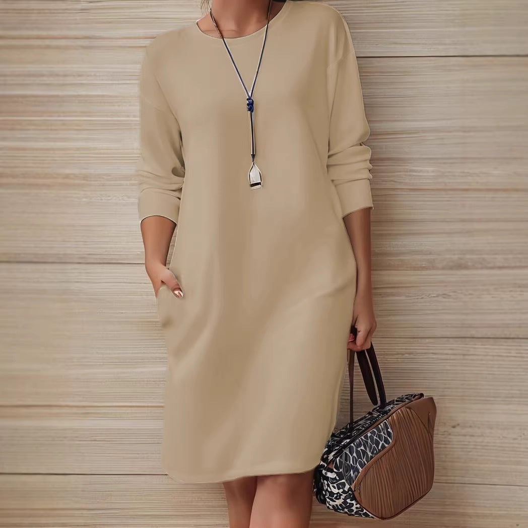 New Solid-Color Crew-Neck Long-Sleeve Loose Casual Pocket Dress